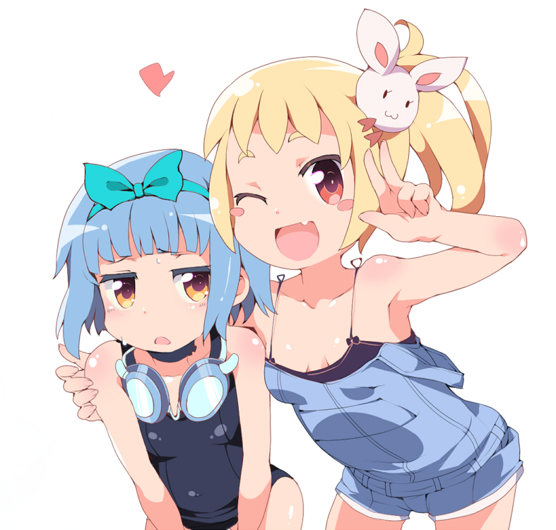 ;d arm_around_shoulder bangs blonde_hair blue_hair blunt_bangs blush blush_stickers brown_eyes bunny_hair_ornament d: fang goggles goggles_around_neck hair_ornament leaning_forward multiple_girls one-piece_swimsuit one_eye_closed open_mouth original overalls sasago_kaze school_swimsuit side_ponytail sidelocks smile strap_slip swimsuit v