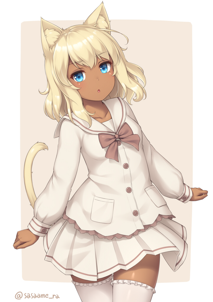 1girl animal_ear_fluff animal_ears aqua_eyes bangs blazer blonde_hair border bow bowtie breasts brown_neckwear buttons cat_ears cat_girl cat_tail chestnut_mouth cowboy_shot cuff_links dark_skin eyebrows_visible_through_hair frilled_legwear jacket long_sleeves looking_at_viewer medium_hair mid-stride miniskirt original outside_border outstretched_wrists pale_color pink_background pleated_skirt pocket sailor_collar sasaame school_uniform simple_background single_horizontal_stripe skirt sleeve_cuffs small_breasts solo tail tail_raised thighhighs twitter_username white_border white_jacket white_legwear white_sailor_collar white_serafuku white_skirt