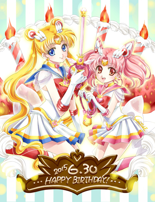 2girls bishoujo_senshi_sailor_moon blonde_hair blue_eyes blue_sailor_collar boots bow brooch cake candle chibi_usa choker crystal_carillon dated earrings elbow_gloves food gloves hair_ornament hairpin happy_birthday heart heart_choker holding holding_wand jewelry kaleidomoon_scope knee_boots long_hair magical_girl multicolored multicolored_clothes multicolored_skirt multiple_girls pink_footwear pink_hair pink_sailor_collar pleated_skirt red_bow red_eyes red_footwear sailor_chibi_moon sailor_collar sailor_moon sailor_senshi sailor_senshi_uniform shirataki_kaiseki short_hair skirt smile striped striped_background super_sailor_chibi_moon super_sailor_moon tsukino_usagi twintails wand white_gloves yellow_choker