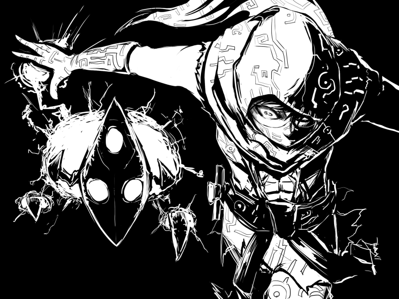 abs black_background covered_mouth gloves greyscale hood league_of_legends malzahar monochrome outstretched_arms taishi_(c+na) voidling