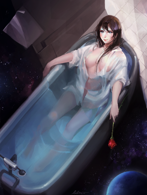 bangs bathing bathtub clothed_bath flower green_eyes hair_down holding holding_flower looking_at_viewer love_live! love_live!_school_idol_project open_clothes open_shirt partially_submerged purple_hair red_flower red_rose rose shirt sitting solo tida_kietsungden toujou_nozomi wet wet_clothes