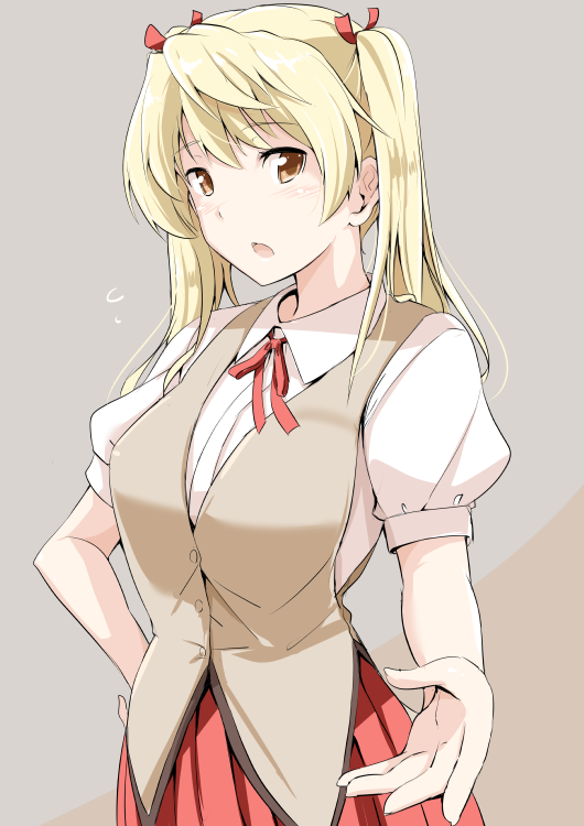 blonde_hair blush breasts brown_eyes hair_ribbon kichihachi large_breasts long_hair looking_at_viewer ribbon sawachika_eri school_rumble school_uniform short_sleeves solo twintails upper_body