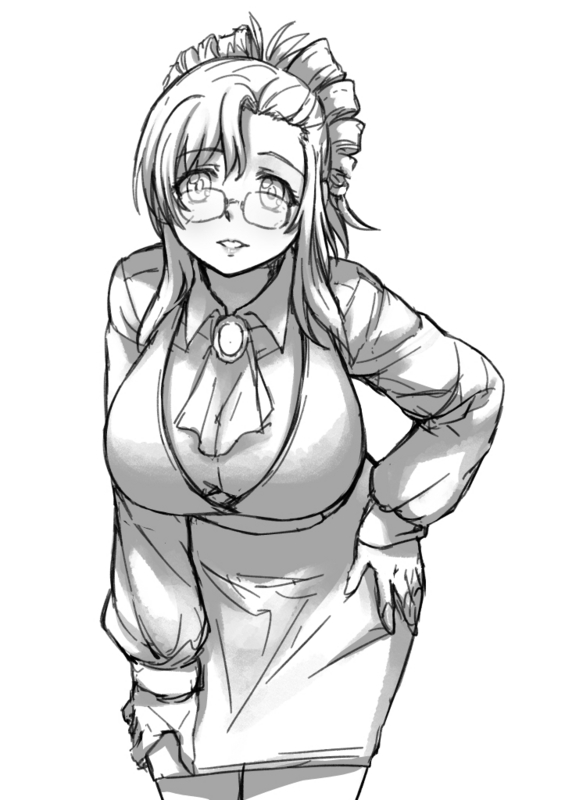breasts brooch cleavage cowboy_shot cravat cropped_legs downblouse glasses greyscale hand_on_hip hand_on_thigh jewelry kazami_mizuho large_breasts leaning_forward looking_at_viewer monochrome onegai_teacher pas_(paxiti) pencil_skirt rimless_eyewear sketch skirt solo teacher