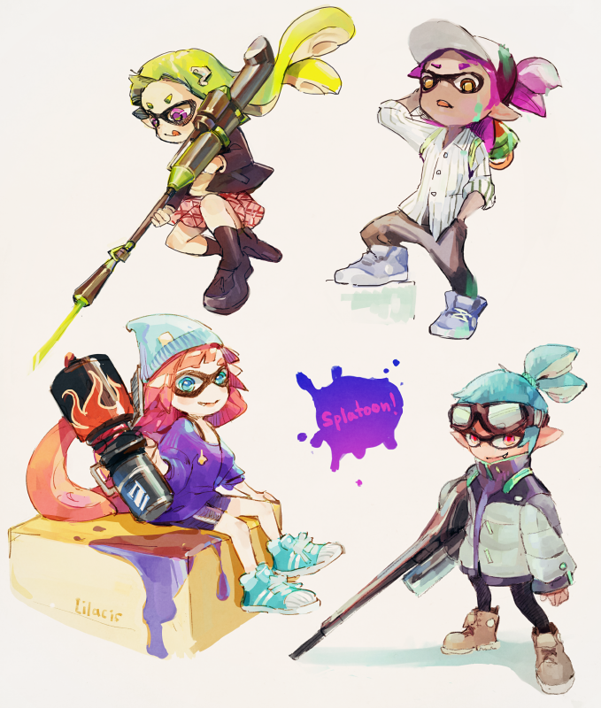 2girls aqua_hair baseball_cap beanie blaster_(splatoon) dark_skin domino_mask fang green_hair hat hero_charger_(splatoon) ink_tank_(splatoon) inkling mask multiple_boys multiple_girls purple_eyes purple_hair red_eyes splatoon_(series) splatoon_1 super_soaker tida_kietsungden