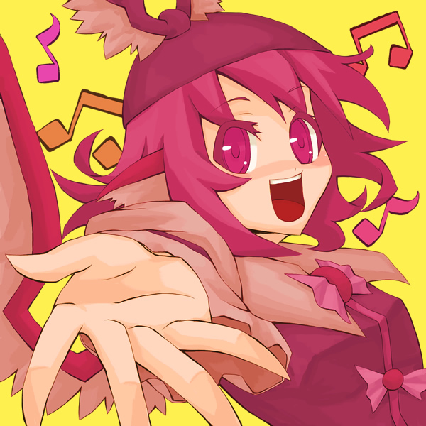 :d animal_ears foreshortening hat ke-su music musical_note mystia_lorelei open_mouth outstretched_hand pink_eyes pink_hair short_hair simple_background singing smile solo touhou wings yellow_background