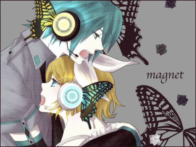 1girl blonde_hair blue_eyes bug butterfly butterfly_hair_ornament butterfly_wings ebimayo genderswap genderswap_(ftm) hair_ornament hatsune_mikuo headphones hug insect kagamine_rin magnet_(vocaloid) short_hair vocaloid wings