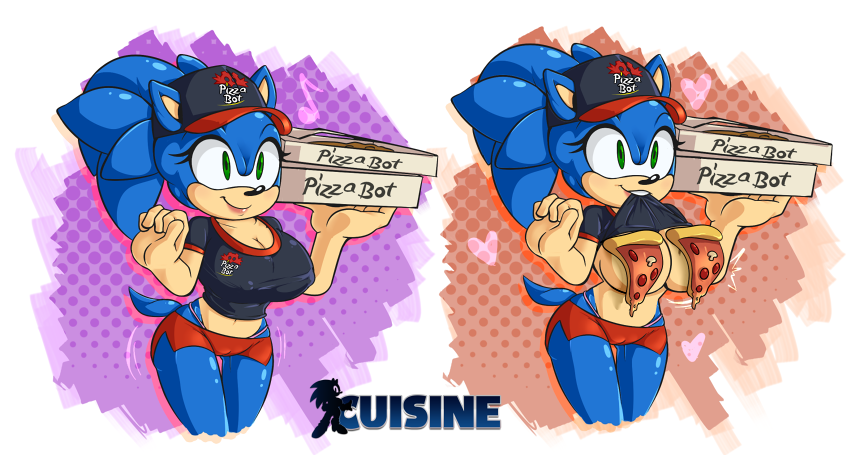 2015 anthro big_breasts breasts cleavage clothed clothing crossgender cuisine female flashing food hedgehog mammal pizza sonic_(series) sonic_the_hedgehog