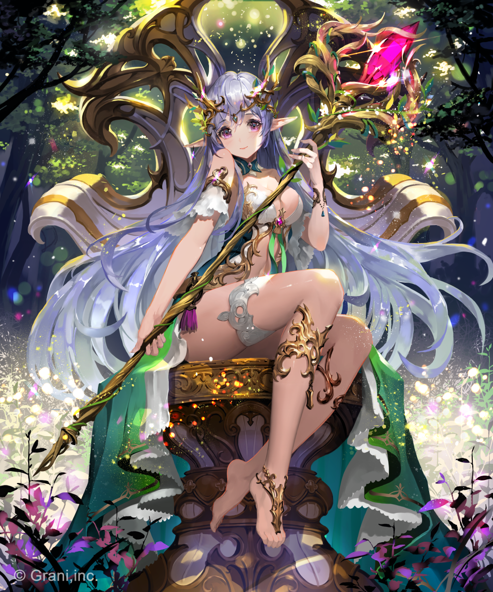 anklet armlet barefoot barefoot_sandals breasts cleavage crown crystal forest hair_ornament highres jewelry lavender_hair light_particles long_hair looking_at_viewer medium_breasts nature pointy_ears purple_eyes revealing_clothes shingoku_no_valhalla_gate sitting smile solo staff thigh_strap tob toe_ring very_long_hair