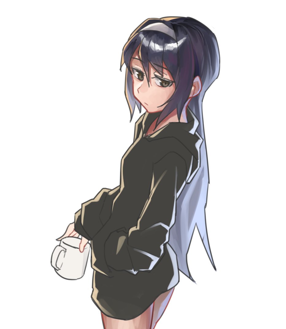 1girl bangs black_hair brown_eyes casual closed_mouth commentary_request cup dress eyebrows_visible_through_hair from_side frown girls_und_panzer hairband half-closed_eyes hand_in_pocket holding holding_cup hood hoodie long_hair long_sleeves looking_at_viewer mug reizei_mako roivas short_dress simple_background solo standing sweater sweater_dress white_background white_hairband