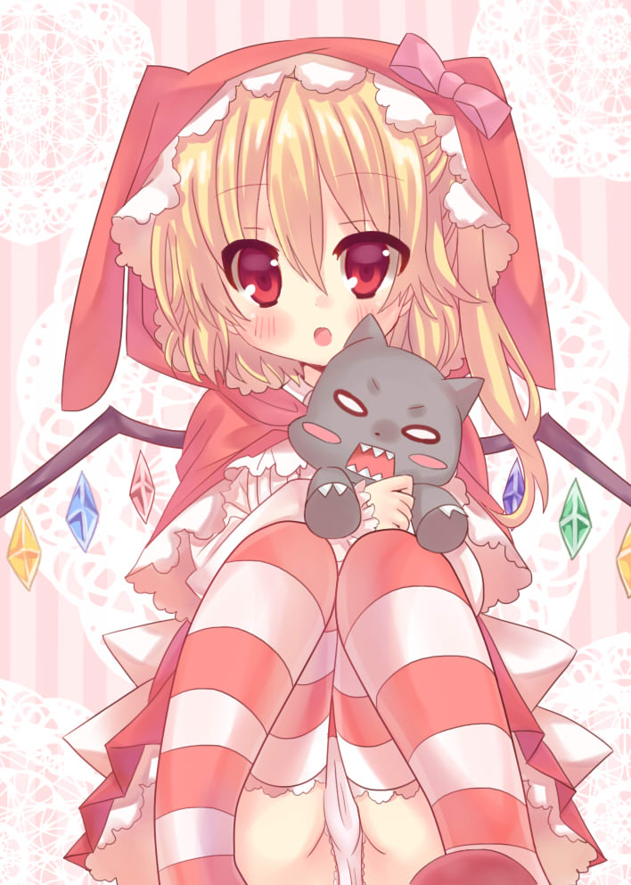 animal_ears animal_hood blonde_hair blush_stickers bunny_ears cameltoe flandre_scarlet hood hug looking_at_viewer open_mouth panties pantyshot pantyshot_(sitting) red_eyes ribbon sharp_teeth shiodome_oji side_ponytail sitting solo striped striped_legwear stuffed_animal stuffed_cat stuffed_toy teeth thighhighs touhou underwear white_panties wings