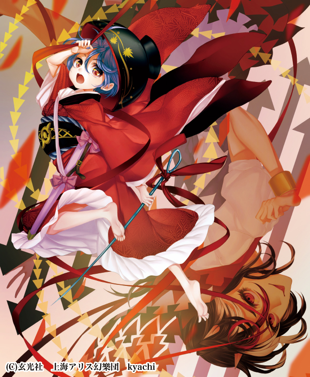 arm_up artist_name barefoot black_hair blue_hair bow bowl dress holding_needle horns japanese_clothes kijin_seija kimono kyachi long_sleeves looking_at_viewer looking_to_the_side multicolored_hair multiple_girls needle obi object_on_head open_mouth puffy_sleeves red_dress red_eyes red_hair ribbon sash short_hair short_sleeves smile sukuna_shinmyoumaru text_focus touhou upside-down white_hair wide_sleeves