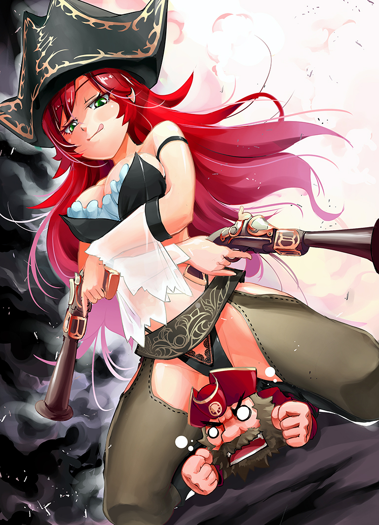 1girl :q beard breasts chibi cleavage crotchless_clothes crotchless_pants dual_wielding facial_hair gangplank green_eyes gun hat holding kod0415 large_breasts league_of_legends panties pirate pirate_hat red_hair sarah_fortune sitting sitting_on_person tongue tongue_out tricorne underwear weapon