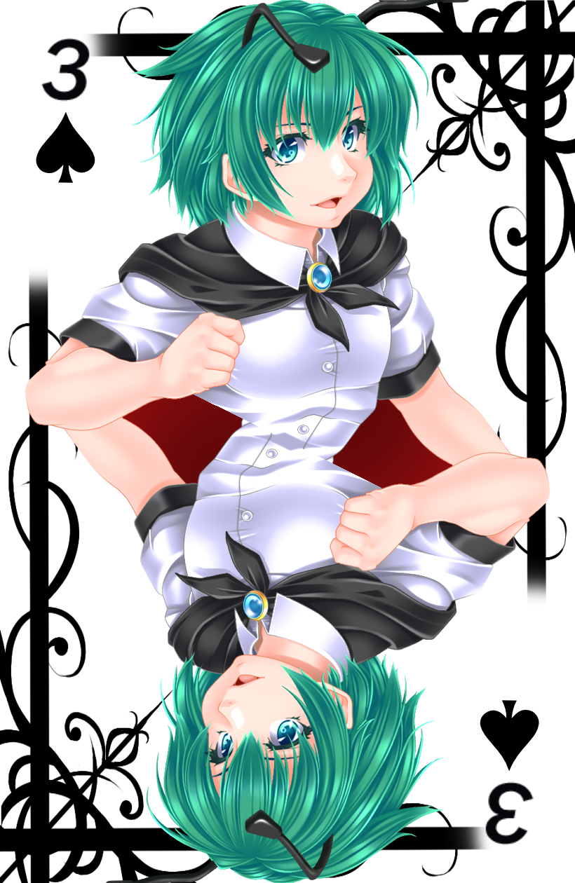 antennae brooch cape card card_(medium) clenched_hand green_eyes green_hair highres jewelry open_mouth playing_card rotational_symmetry short_sleeves solo spade_(shape) symmetry touhou wriggle_nightbug yoiti