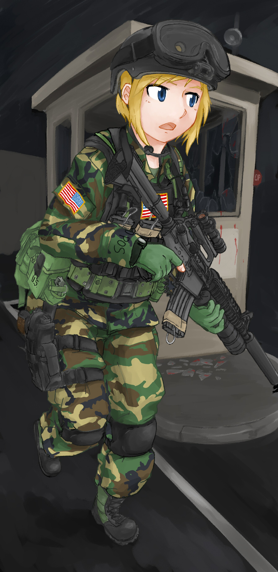 american_flag assault_rifle bad_id bad_pixiv_id blonde_hair blood blue_eyes broken_glass camouflage car-15 dutchko glass gloves goggles goggles_on_head gun helmet highres holster knee_pads load_bearing_vest military military_uniform open_mouth original rifle running scope solo throat_microphone trigger_discipline uniform us_army weapon
