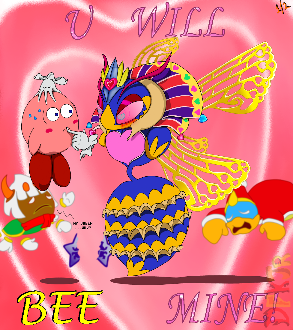 &lt;3 &lt;3_eyes arachnid arthropod blush caption clothing defeated dfkjr gloves holidays humor insect king_dedede kirby kirby_(series) kirby_triple_deluxe love nintendo pink_background plain_background pun queen_sectonia royalty size_difference spider sweat taranza valentine's_day video_games wasp wide_eyed