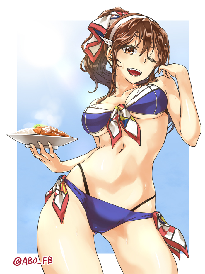 abo_(hechouchou) alternate_hairstyle ashigara_(kantai_collection) bikini blue_bikini breasts brown_eyes brown_hair commentary_request contrapposto cowboy_shot curry curry_rice food hairband kantai_collection large_breasts long_hair looking_at_viewer md5_mismatch navel one_eye_closed ponytail rice solo standing sweat swimsuit twitter_username