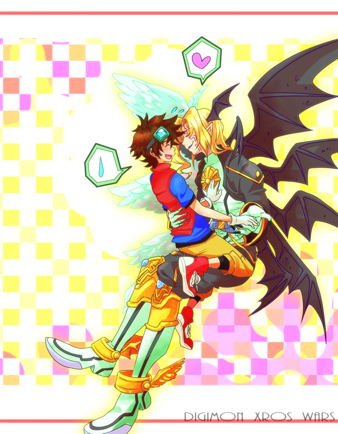 &lt;3 angel armor bat_wings belt blonde_hair boots brown_hair claws clothing demon digimon digimon_fusion digimon_xros_wars duo eyes_closed eyewear feathered_wings feathers footwear gloves goggles hair hand_holding hug human humanoid hybrid jacket long_hair lucemon_chaos_mode male male/male mammal markings mikey_kudo on_lap open_mouth pointy_ears shorts sitting_on_lap size_difference taiki_kudou text vest wings 甘伊ちょこ