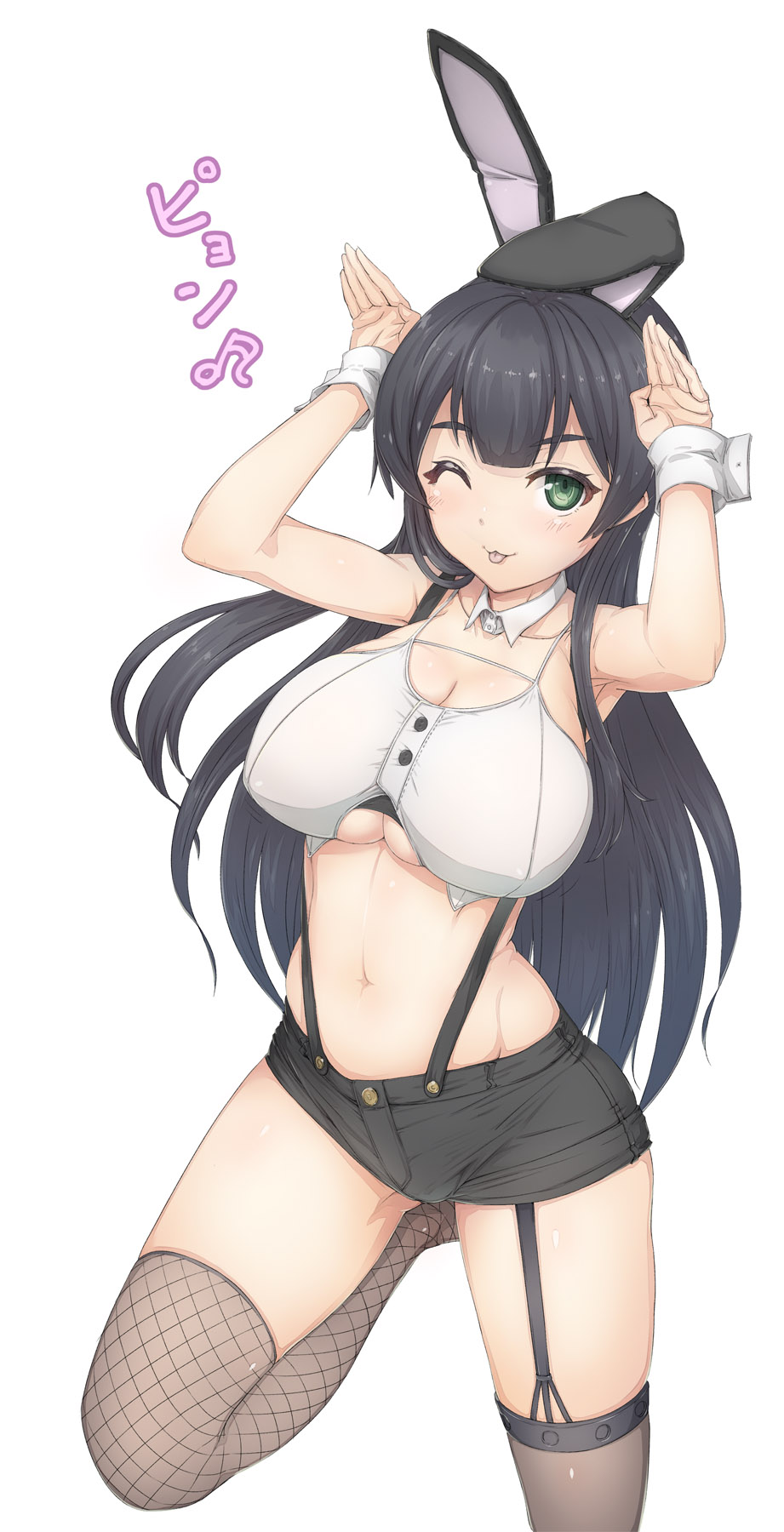 ;p agano_(kantai_collection) alternate_costume animal_ears asymmetrical_legwear black_hair blush breasts bunny_ears bunny_hair_ornament bunny_pose fake_animal_ears fishnet_legwear fishnets garter_straps green_eyes hair_ornament highres kantai_collection large_breasts long_hair looking_at_viewer midriff one_eye_closed short_shorts shorts simple_background solo standing standing_on_one_leg suspenders thighhighs tongue tongue_out urigarasu white_background wrist_cuffs