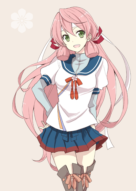 akashi_(kantai_collection) green_eyes hand_on_hip headband hip_vent kantai_collection kubyou_azami long_hair pink_hair school_uniform serafuku smile solo very_long_hair