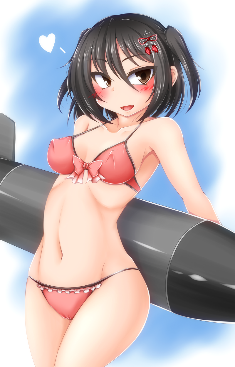 bella1202 bikini black_hair blush breasts brown_eyes covered_nipples fang hair_ornament heart highres holding holding_torpedo kantai_collection medium_breasts pink_bikini sendai_(kantai_collection) short_hair solo swimsuit torpedo two_side_up