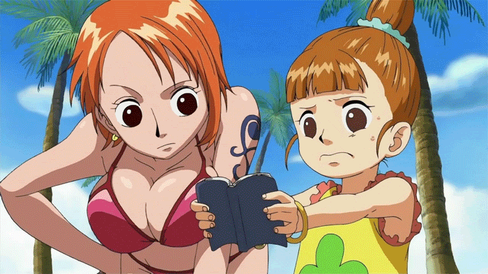 age_difference animated animated_gif armpits bangs bent_over bikini black_eyes blunt_bangs book bouncing_breasts bracelet breasts brown_eyes brown_hair child cleavage cloud day earrings flat_chest frills frown hand_on_hip high_ponytail jewelry large_breasts lina_(one_piece) multiple_girls nami_(one_piece) one_piece orange_hair outdoors outstretched_arms palm_tree parted_bangs ponytail reading screencap scrunchie shiny shiny_hair short_hair sideboob sky sleeveless sweat swimsuit tattoo tree upper_body
