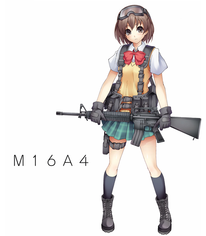 ammunition_pouch assault_rifle boots bow bowtie brown_eyes brown_hair combat_boots gloves goggles goggles_on_head gun kneehighs legs load_bearing_vest looking_at_viewer m16 original pouch rifle school_uniform short_hair simple_background skirt solo standing taiyou_(tori_no_su_studio) thigh_strap vest weapon