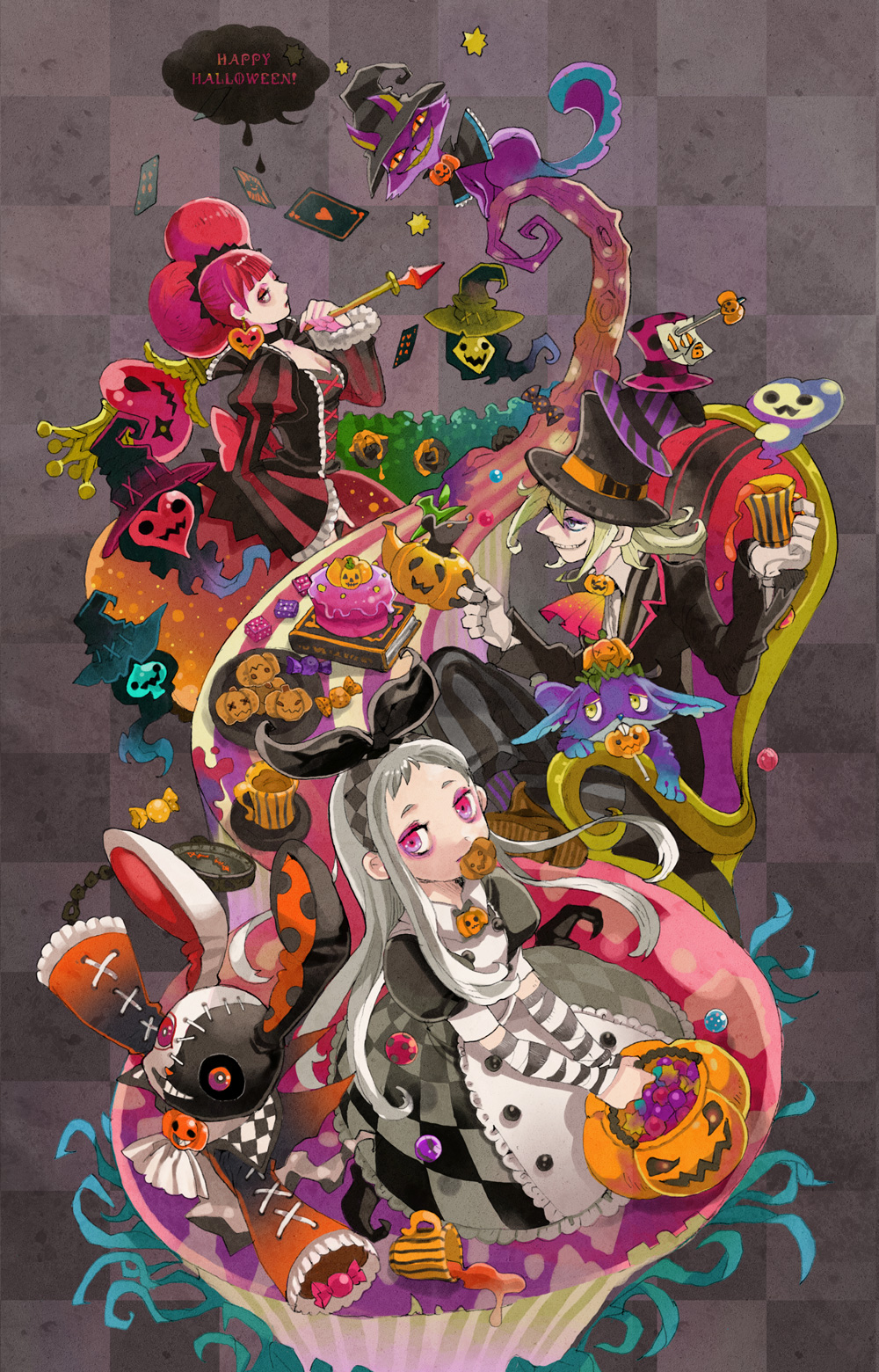 2girls alice_(wonderland) alice_in_wonderland bad_id bad_pixiv_id blonde_hair bunny candy cheshire_cat dress food grey_hair grin halloween hat highres jack-o'-lantern mad_hatter march_hare mouth_hold multiple_girls pumpkin queen_of_hearts red_hair smile staff stitched teapot third-party_edit tobi_(kotetsu)