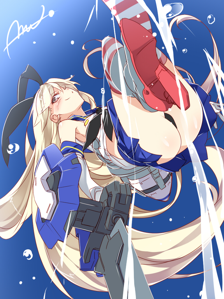 animal_ears ass black_panties blonde_hair bunny_ears gundam gundam_00 gundam_exia kantai_collection long_hair mtu_(orewamuzituda) panties pantyshot pleated_skirt rudder_shoes shimakaze_(kantai_collection) skirt solo striped striped_legwear sword thighhighs underwear water_drop weapon