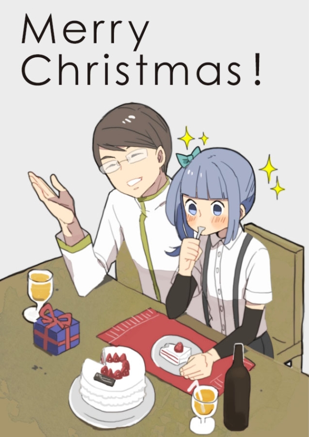 1girl admiral_(kantai_collection) arm_warmers bad_id bad_pixiv_id blush brown_hair cake eating food gift glasses grey_background grey_eyes grey_hair ishihara_saika kantai_collection kasumi_(kantai_collection) merry_christmas side_ponytail slice_of_cake sparkle spoon spoon_in_mouth strawberry_shortcake suspenders