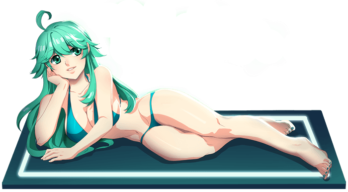 areolae bikini breasts cleavage female green_eyes green_hair large_areolae large_breasts long_hair looking_at_viewer lying nail_polish on_side parted_lips rule_34 simple_background smile solo swimsuit