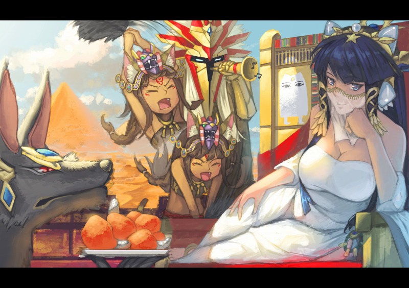 :d afterimage anubis_(p&amp;d) badominton bastet_(p&amp;d) beamed_eighth_notes black_hair blue_eyes blue_sky breasts brown_hair cleavage closed_eyes cloud dark_skin day desert detached_sleeves dress egypt egyptian eighth_note facial_hair fang head_rest instrument isis_(p&amp;d) jackal large_breasts leaning letterboxed long_hair looking_at_viewer medjed medjedra multiple_girls musical_note open_mouth puzzle_&amp;_dragons pyramid ra_(p&amp;d) sitting sky smile star tamadra trumpet veil white_dress yokozuwari