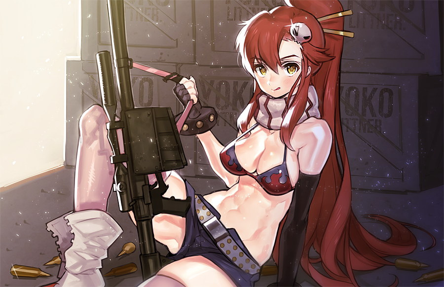 abs bikini_top boots box breasts bullet cleavage fingerless_gloves gloves gradient gradient_background gun hair_ornament kissai licking_lips muffler navel pictolita ponytail red_hair rifle scarf short_shorts sitting solo stomach studded_belt tengen_toppa_gurren_lagann thick_thighs thighhighs toned tongue_out weapon yellow_eyes yoko_littner