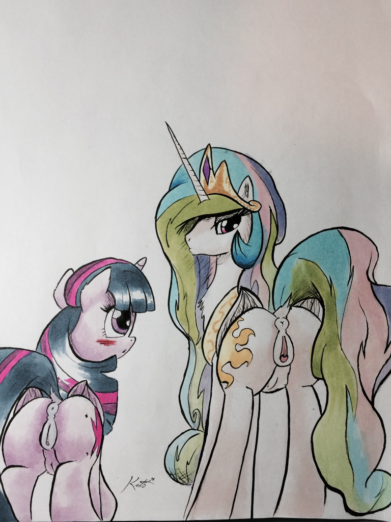 2015 anatomically_correct anatomically_correct_pussy animal_genitalia anus blush butt clitoral_winking clitoris crown cutie_mark dock duo equine equine_pussy female feral friendship_is_magic fur hair horn kittyhawk-contrail long_hair looking_back mammal multicolored_hair my_little_pony plain_background princess_celestia_(mlp) purple_hair pussy rear_view teats traditional_media_(artwork) twilight_sparkle_(mlp) white_background white_fur winged_unicorn wings