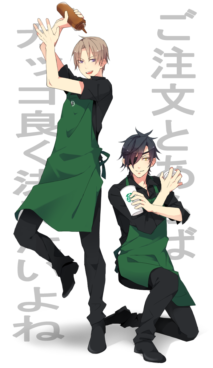 apron blue_hair brown_hair heshikiri_hasebe looking_at_viewer male_focus multiple_boys open_mouth purple_eyes shokudaikiri_mitsutada smile starbucks touken_ranbu translation_request white_background yellow_eyes yugake_(mrnmrm)