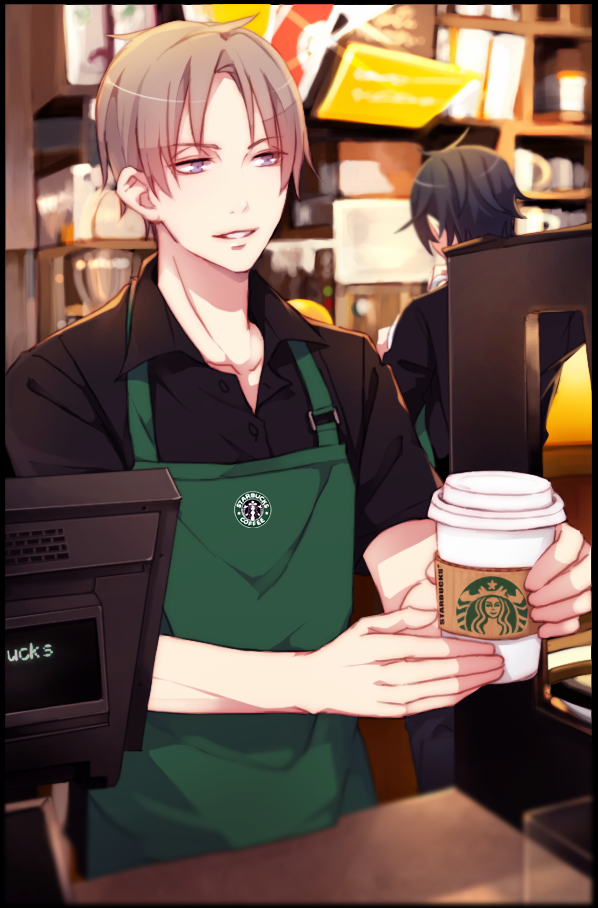 apron black_border blurry border brown_hair coffee depth_of_field heshikiri_hasebe male_focus multiple_boys parted_lips purple_eyes shokudaikiri_mitsutada solo_focus starbucks touken_ranbu yugake_(mrnmrm)