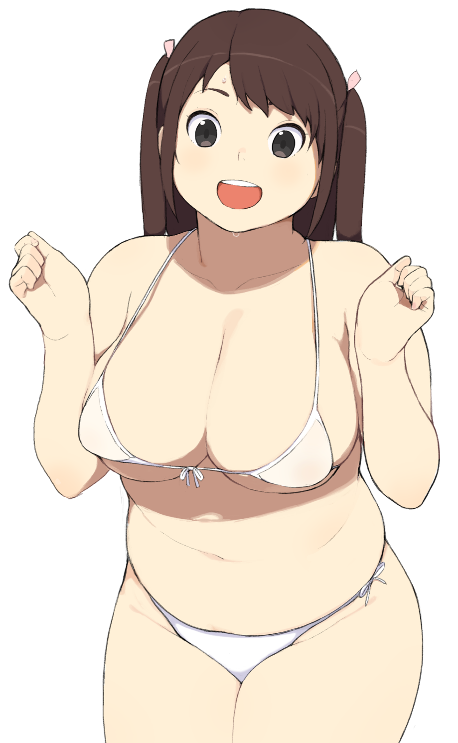 accio bad_id bad_tumblr_id bare_shoulders bikini breasts brown_eyes brown_hair highres large_breasts long_hair looking_back navel original plump simple_background solo sweat swimsuit tanuma_miyuki thick_thighs thighs two_side_up w_arms white_background white_bikini