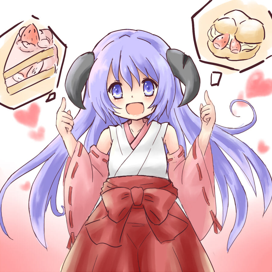 :d cake cream_puff detached_sleeves food hakama hanuu_(kemomiku) hanyuu haori higurashi_no_naku_koro_ni horns japanese_clothes long_hair miko open_mouth purple_eyes purple_hair red_hakama ribbon-trimmed_sleeves ribbon_trim slice_of_cake smile