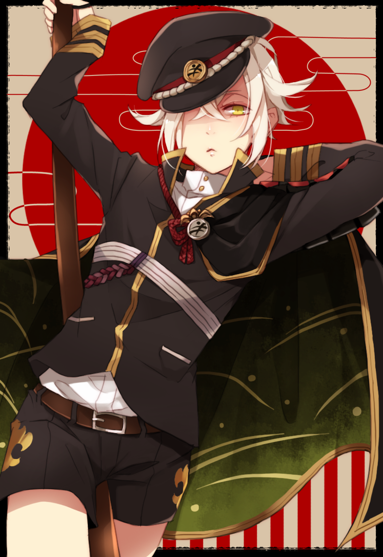 belt black_border border cape cowboy_shot egasumi green_eyes hair_over_one_eye hat hotarumaru lips looking_at_viewer male_focus ootachi outside_border sheath sheathed shorts solo touken_ranbu yugake_(mrnmrm)