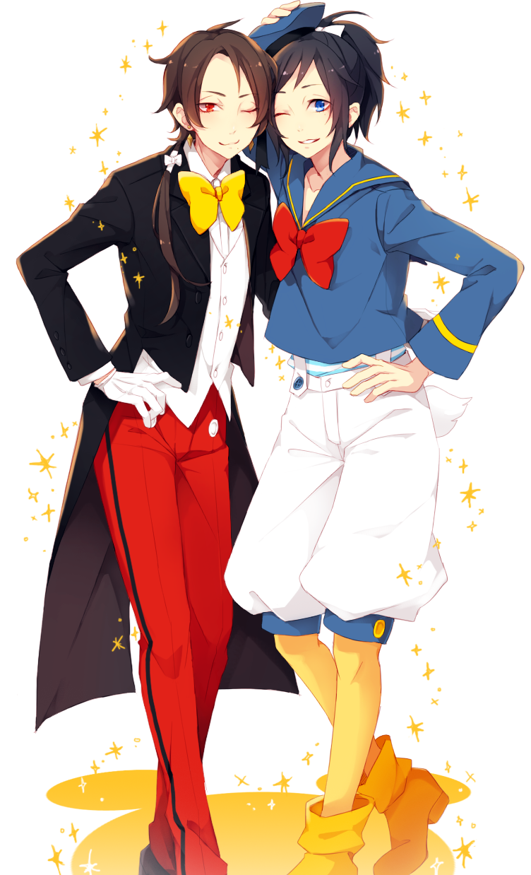 blue_eyes bow bowtie brown_hair cosplay disney donald_duck donald_duck_(cosplay) donald_duck_sailor_hat earrings gloves hand_on_hip highres jewelry kashuu_kiyomitsu long_hair looking_at_viewer male_focus mickey_mouse mickey_mouse_(cosplay) multiple_boys one_eye_closed parted_lips ponytail red_bow red_eyes red_neckwear smile tailcoat touken_ranbu white_gloves yamato-no-kami_yasusada yellow_bow yellow_neckwear yugake_(mrnmrm)
