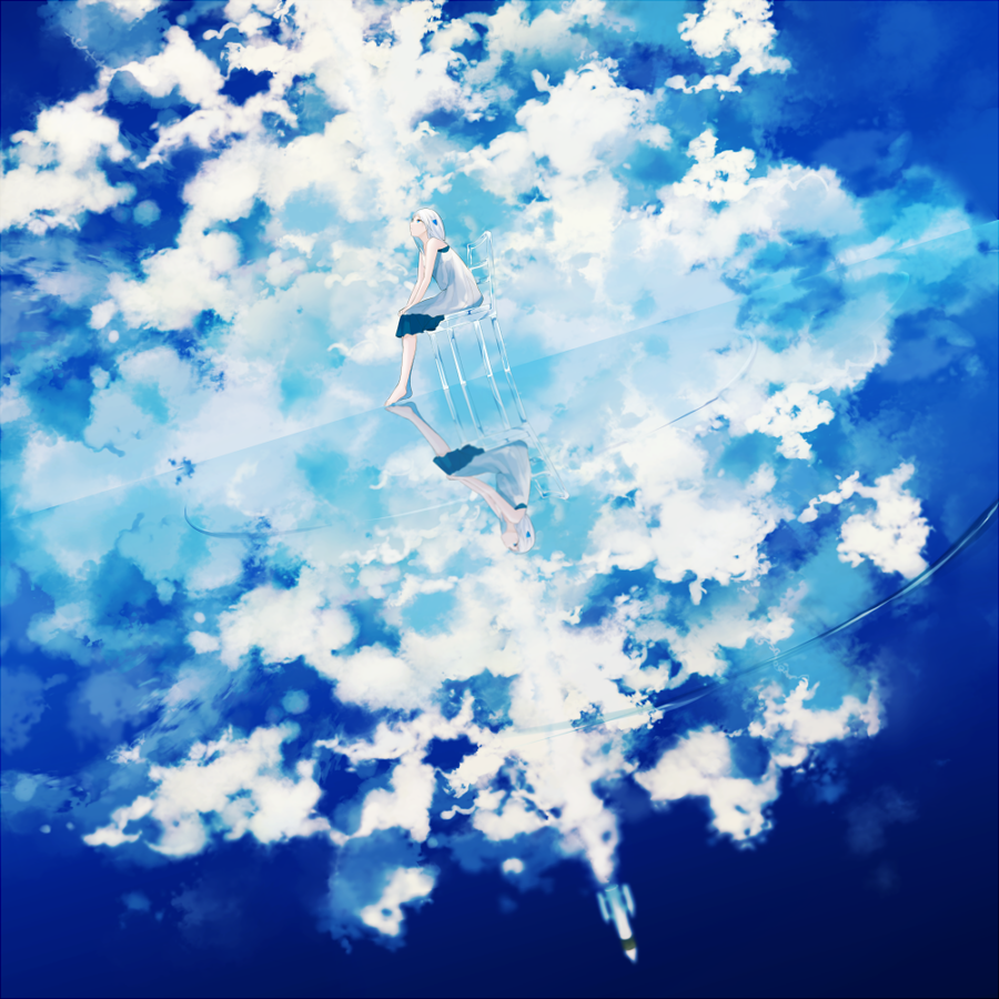 achiki barefoot cloud condensation_trail dress dutch_angle hair_ornament long_hair looking_up original reflection ripples rocket salt_flats scenery sitting sky solo surreal vocaloid water white_hair