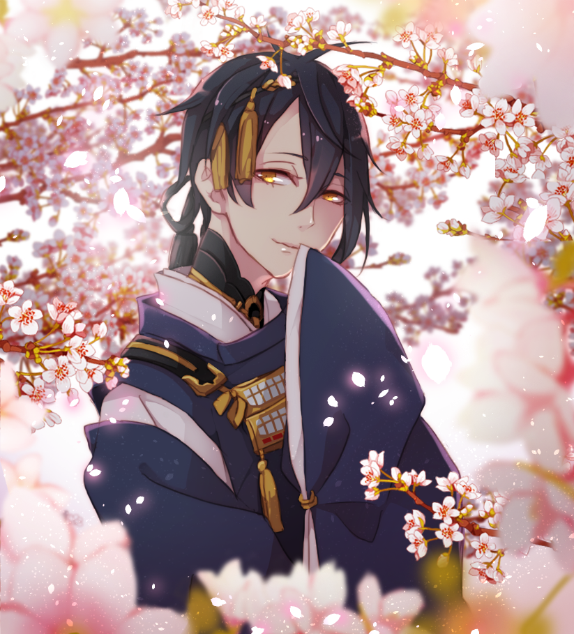 blue_hair blurry depth_of_field flower japanese_clothes looking_at_viewer male_focus mikazuki_munechika sleeves_past_wrists solo touken_ranbu yellow_eyes yugake_(mrnmrm)