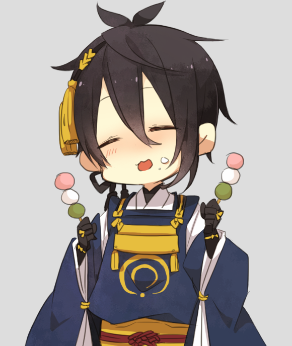 black_gloves black_hair chibi closed_eyes dango food food_on_face gloves grey_background japanese_clothes male_focus mikazuki_munechika open_mouth sanshoku_dango simple_background skewer solo touken_ranbu wagashi yugake_(mrnmrm)