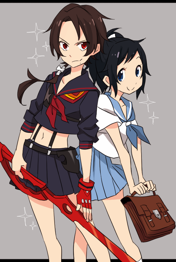 blue_eyes brown_hair cosplay crossdressing derivative_work fingerless_gloves gloves grey_background high_ponytail kashuu_kiyomitsu kill_la_kill letterboxed long_hair looking_at_viewer male_focus mankanshoku_mako mankanshoku_mako_(cosplay) matoi_ryuuko matoi_ryuuko_(cosplay) midriff mole mole_under_eye mole_under_mouth multiple_boys navel outside_border parody pleated_skirt ponytail purple_hair red_eyes red_gloves school_briefcase school_uniform scissor_blade senketsu serafuku simple_background single_glove skirt smile sparkle suspenders touken_ranbu yamato-no-kami_yasusada yugake_(mrnmrm)