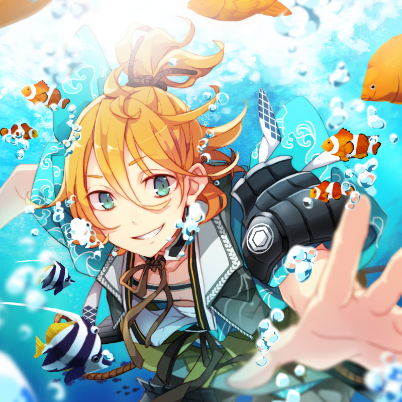 aqua_eyes armor blurry bubble clownfish depth_of_field fish grin japanese_armor japanese_clothes male_focus orange_hair shoulder_armor smile sode solo touken_ranbu underwater urashima_kotetsu yugake_(mrnmrm)