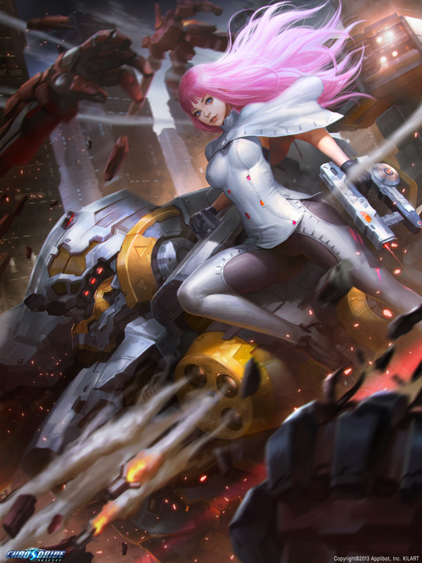 bad_deviantart_id bad_id battle blue_eyes breasts building cape chaos_drive cityscape explosion flying gun handgun judith_(chaos_drive) kilart long_hair mecha medium_breasts missile motion_blur pink_hair realistic rocket_launcher science_fiction standing_on_shoulder weapon