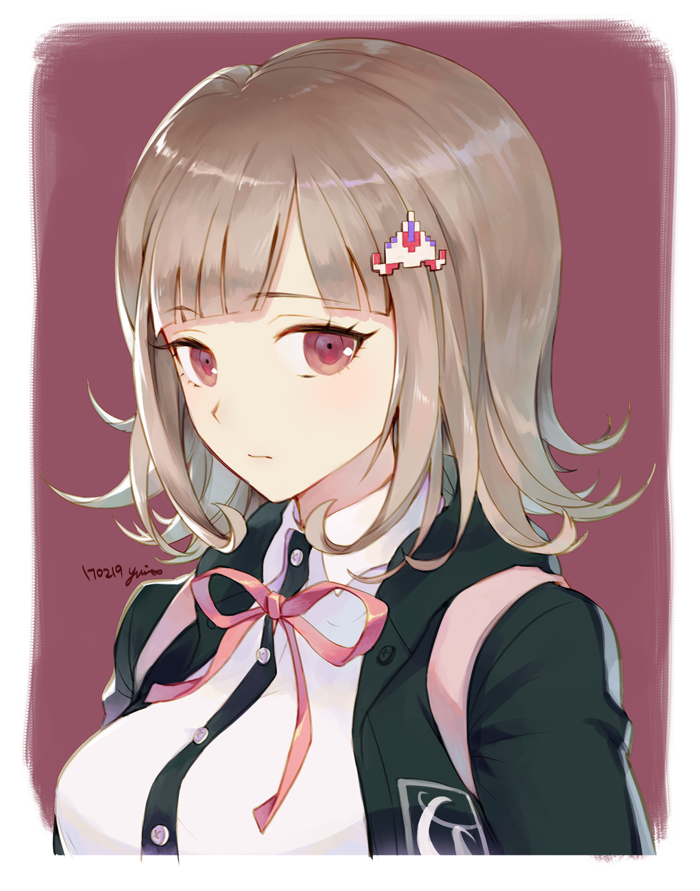 1girl artist_name backpack bag black_hoodie breasts closed_mouth commentary danganronpa eyebrows_visible_through_hair face flipped_hair frame hair_ornament hairclip hood hoodie large_breasts light_brown_hair long_eyelashes looking_at_viewer nanami_chiaki number open_eyes out_of_frame pink_background pink_eyes pink_ribbon ribbon shirt short_hair signature simple_background solo super_danganronpa_2 white_shirt yuri_(anachronic)