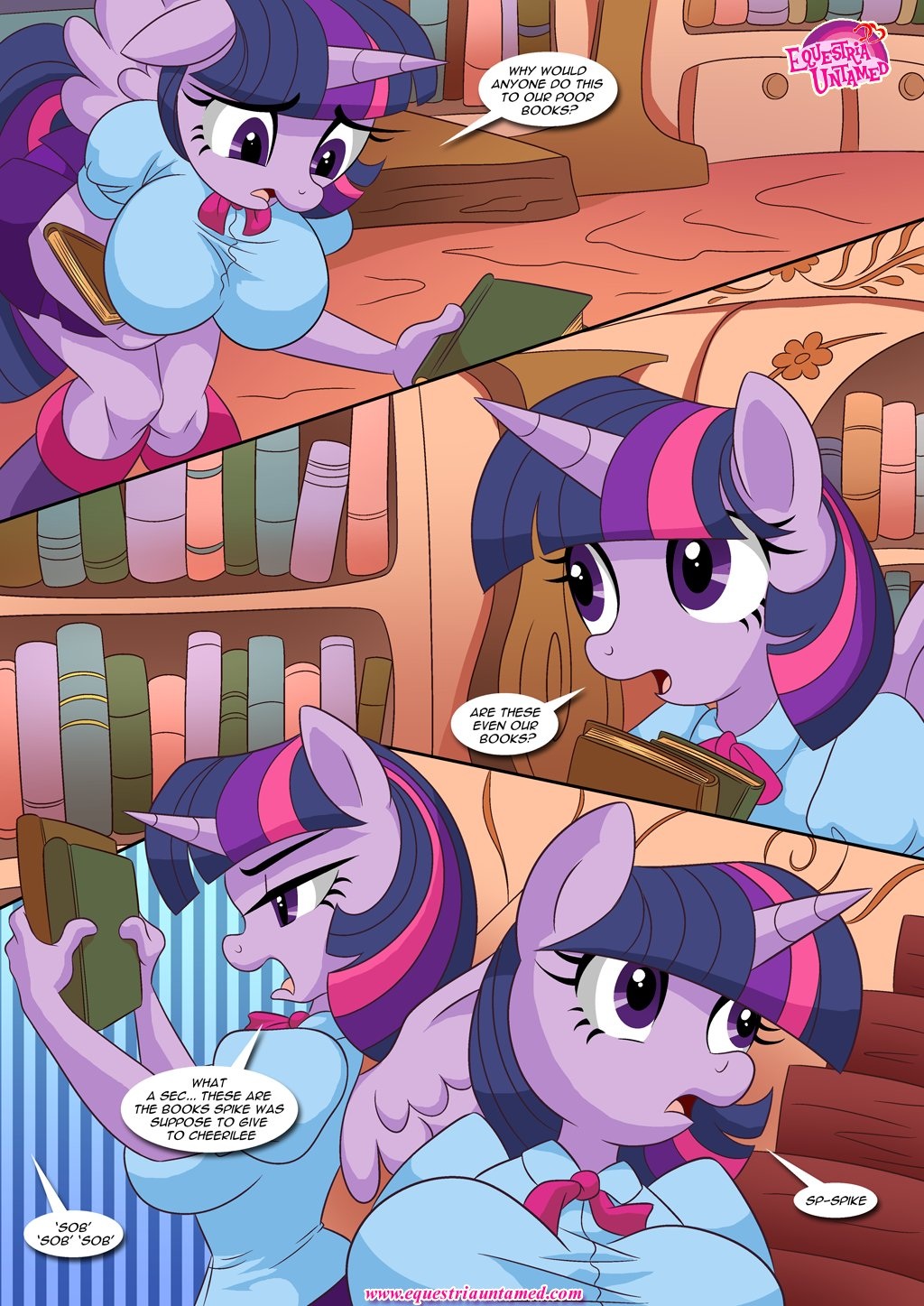 anthro anthrofied bbmbbf blush book building clothed clothing dialogue english_text equestria_untamed equine feathers female friendship_is_magic hair horn inside library mammal my_little_pony palcomix purple_eyes solo text twilight_sparkle_(mlp) winged_unicorn wings
