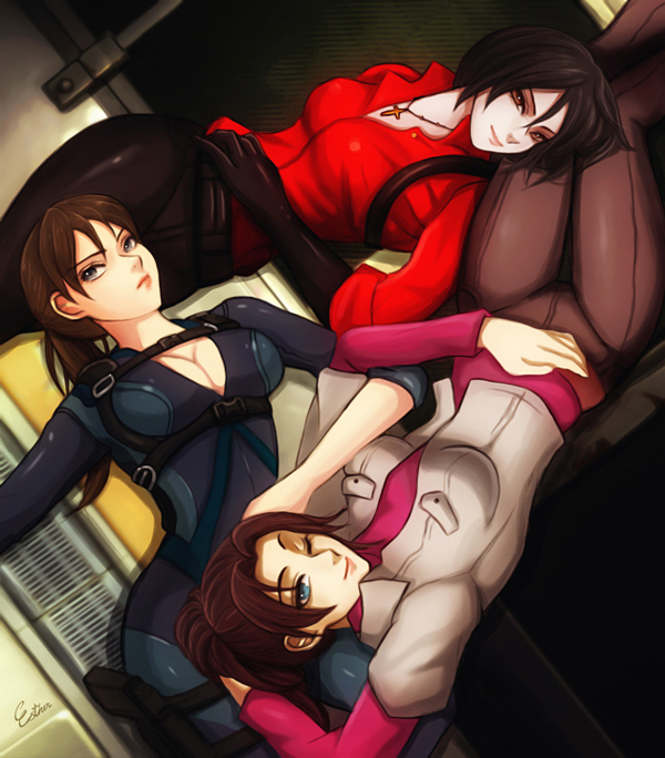 3girls ada_wong black_hair breasts brown_hair capcom claire_redfield cleavage esther jill_valentine lying multiple_girls necklace resident_evil smile