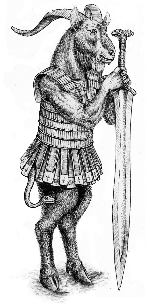 anthro arkat-kingtrollkin armor broo caprine facial_hair fangs fur glorantha goat greyscale hooves horn hybrid male mammal melee_weapon monochrome plain_background reptile scalie snake snake_tail solo sword weapon white_background