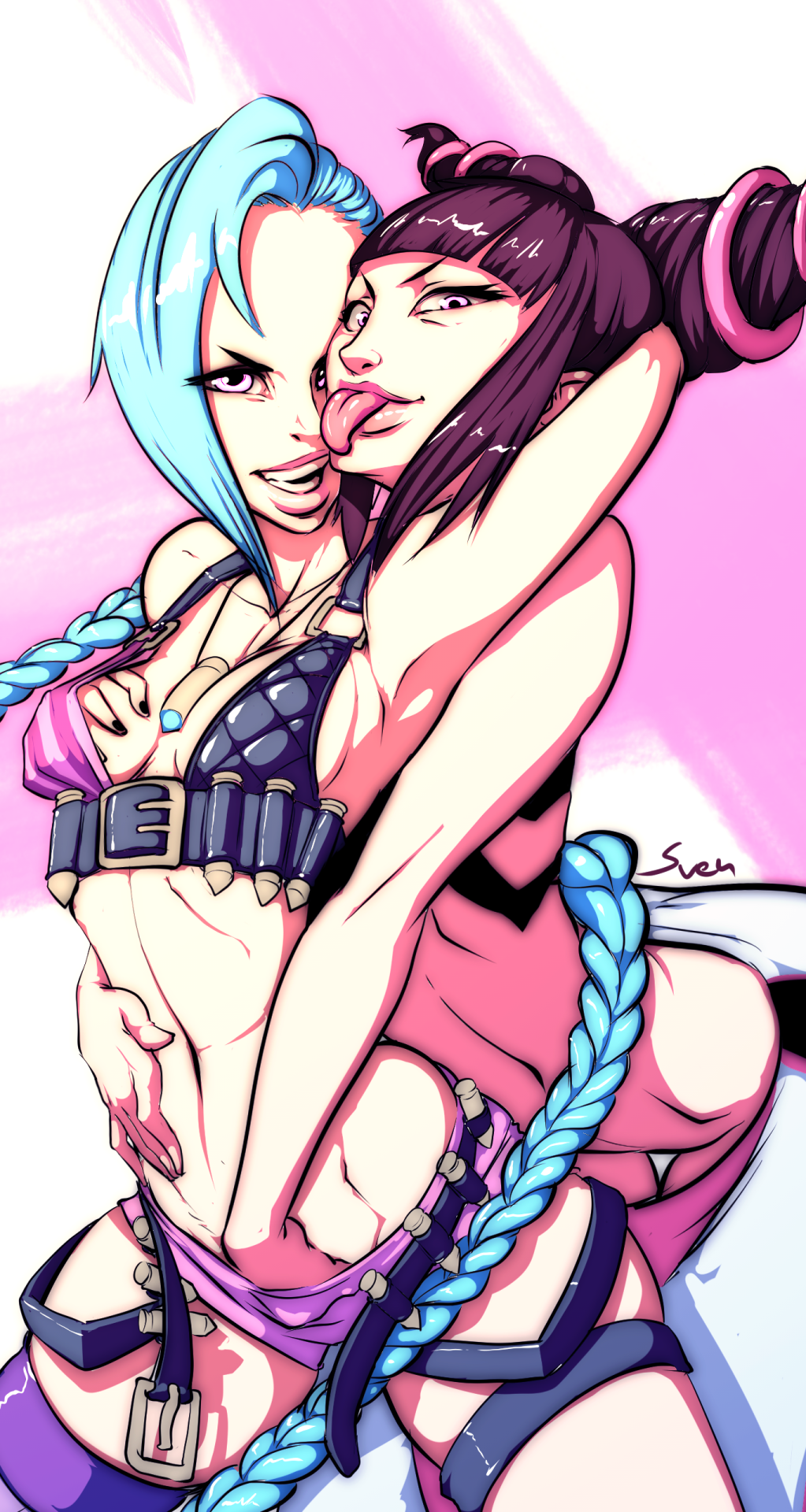 2girls ;p aqua_hair bangs between_breasts black_hair blue_hair boots braid breast_grab bullet combat_boots crossover fishnet_legwear fishnets full_body grabbing grabbing_from_behind gradient gradient_background han_juri hand_in_pants hand_under_clothes highres jewelry jinx_(league_of_legends) league_of_legends lips long_hair looking_at_viewer multiple_girls naughty_face necklace one_eye_closed purple_eyes purple_legwear short_shorts short_twintails shorts single_thighhigh standing street_fighter street_fighter_iv striped_background super_street_fighter_iv sven_(svenners) thighhighs toeless_socks tongue tongue_out twintails very_long_hair yuri